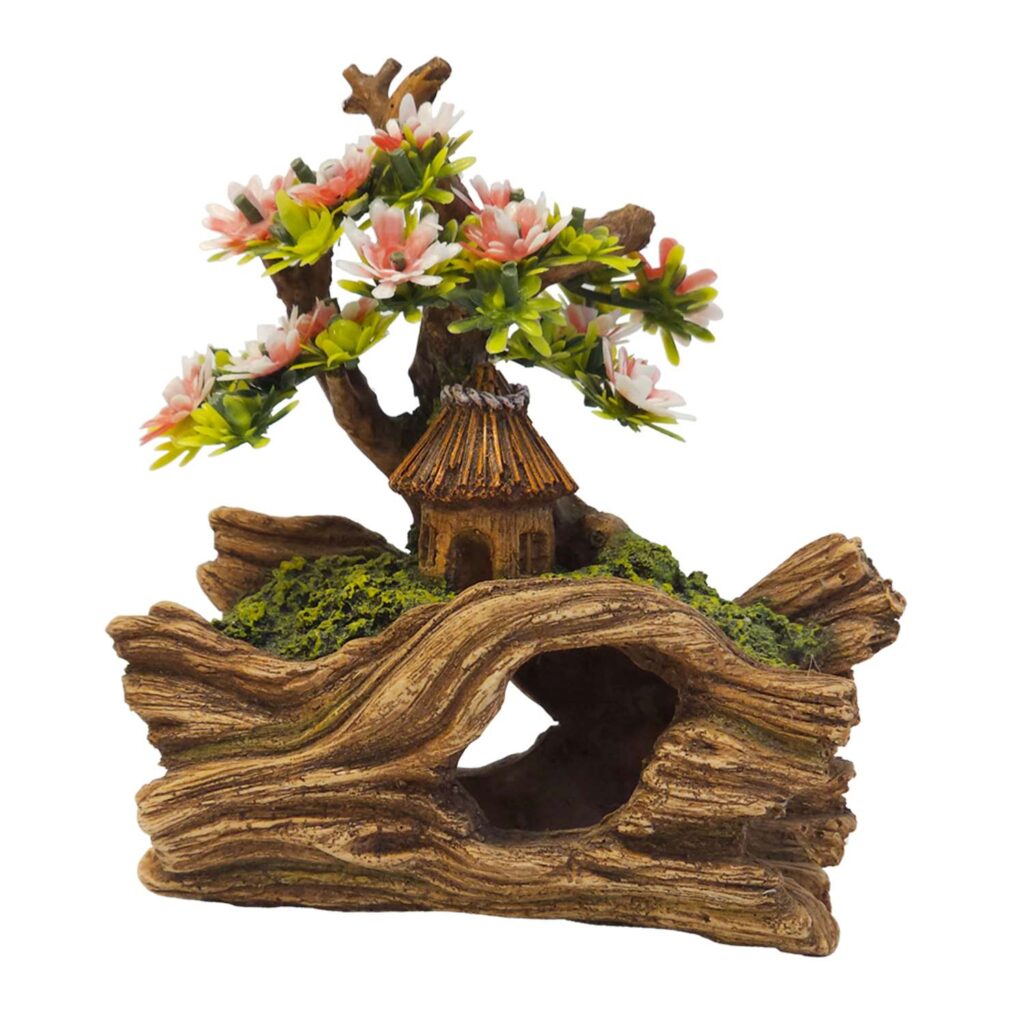 Akvariedekoration WOOD WITH HUT med planter